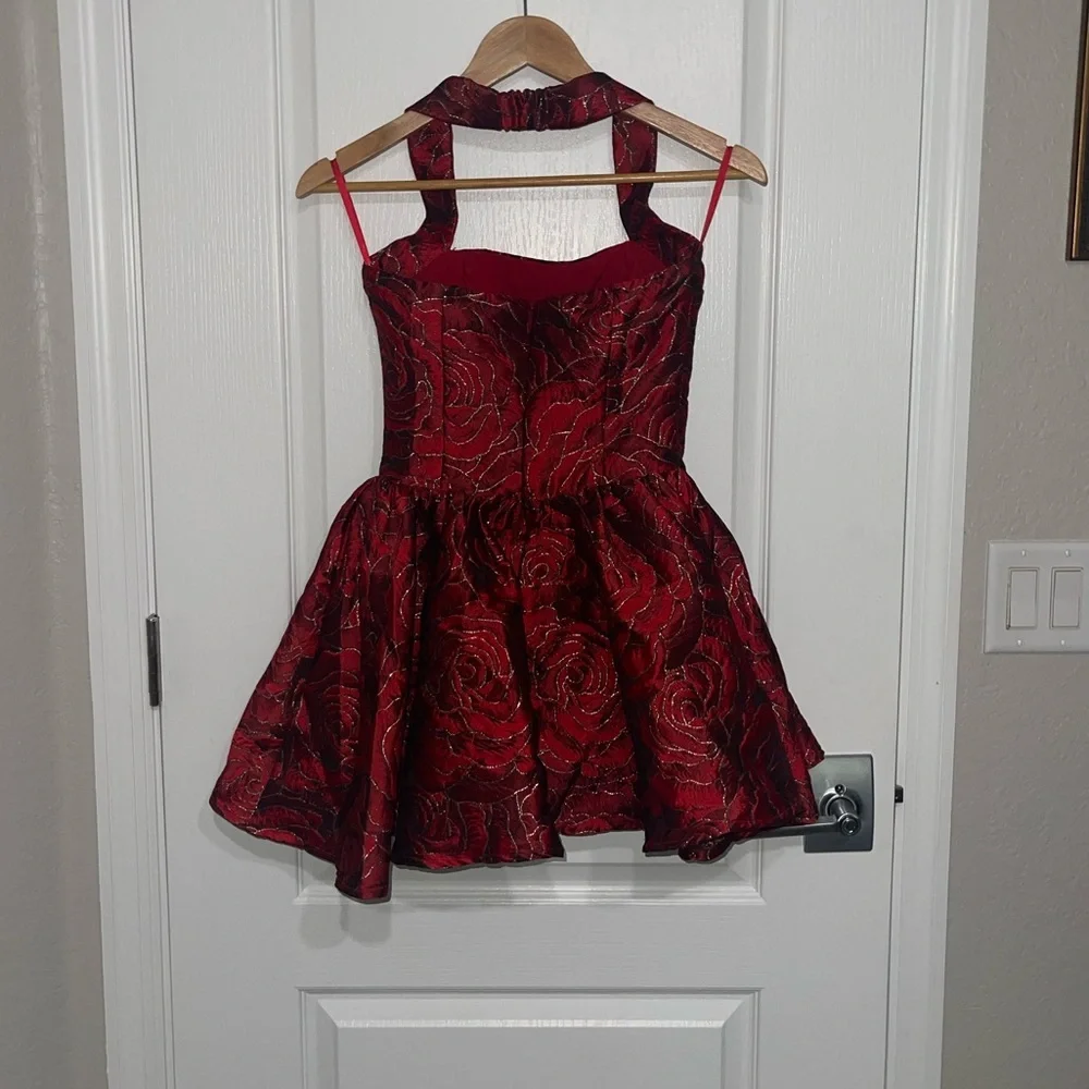 VIPER MINI DRESS lROSE PRINT $139 Elegant Red Halter Dress Textured Floral XS - Picture 4 of 12